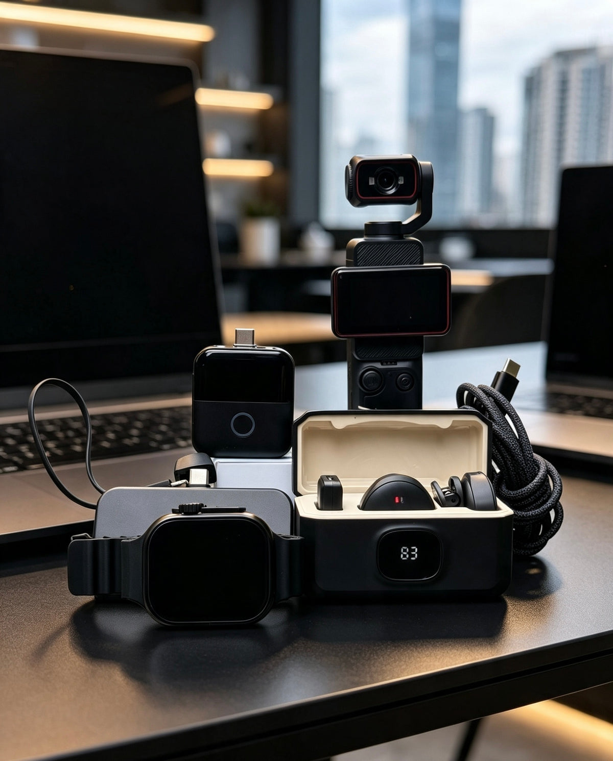 Pack Infinity Complet — caméra stabilisée, micro-cravate, câble USB-C, adaptateur, batterie externe et montre connectée Pulse Infinity